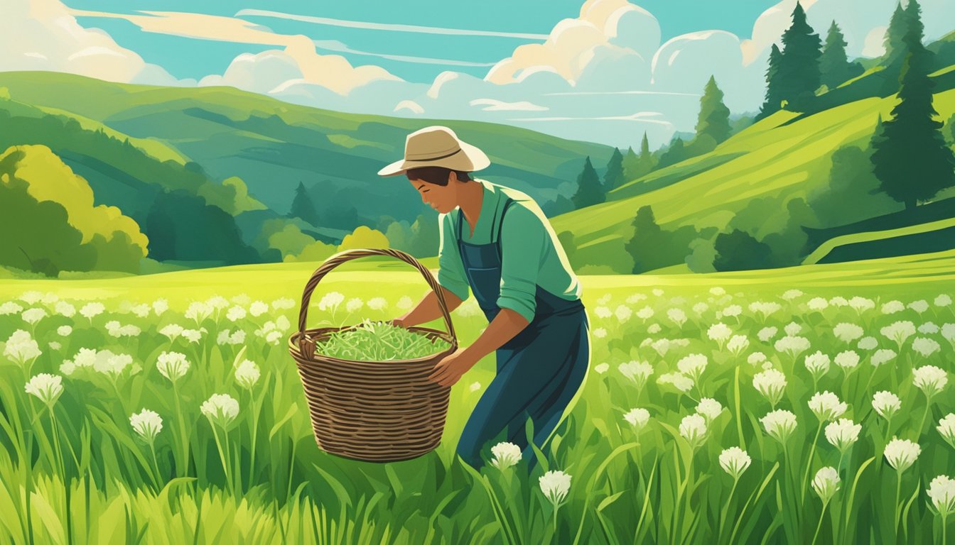 A person picking wild onions in a lush green field. The onions are being gathered into a basket, with the sun shining overhead