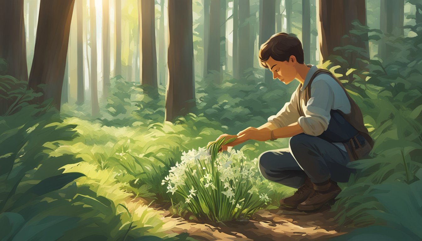 A figure crouches in a forest, carefully plucking wild onions from the ground. The sun filters through the trees, casting dappled light on the forager's task