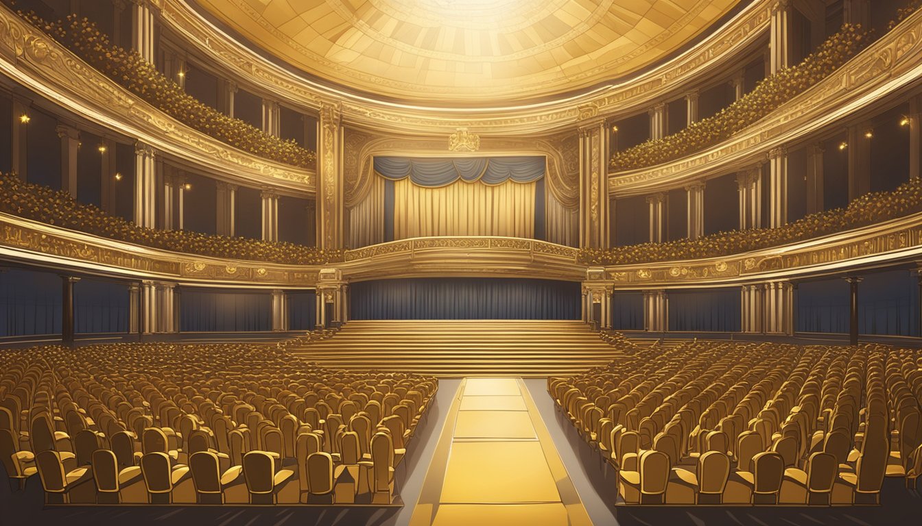 A grand concert venue filled with opulent decor and a stage bathed in golden light, with rows of empty seats awaiting the arrival of eager concertgoers