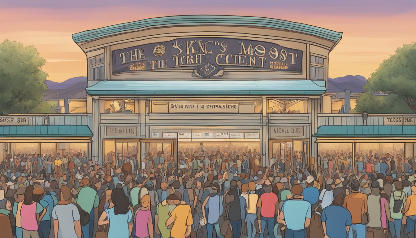 A bustling crowd eagerly purchases tickets at a grand concert venue, with a banner displaying "The King's Ransom: The Most Expensive George Strait Concert Tickets Ever Sold" hanging prominently above the ticket booth