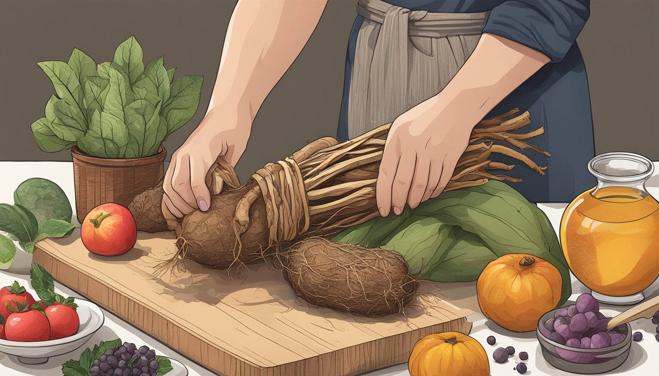 A person holding a freshly harvested yacon root, surrounded by various culinary tools and ingredients, such as a cutting board, knife, and fruits