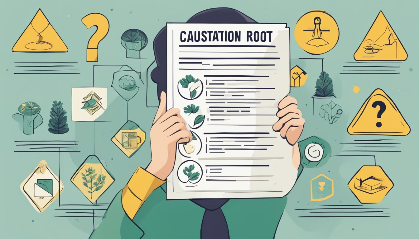 A person holding a yacon root with a question mark above their head, surrounded by caution signs and a list of potential risks and side effects