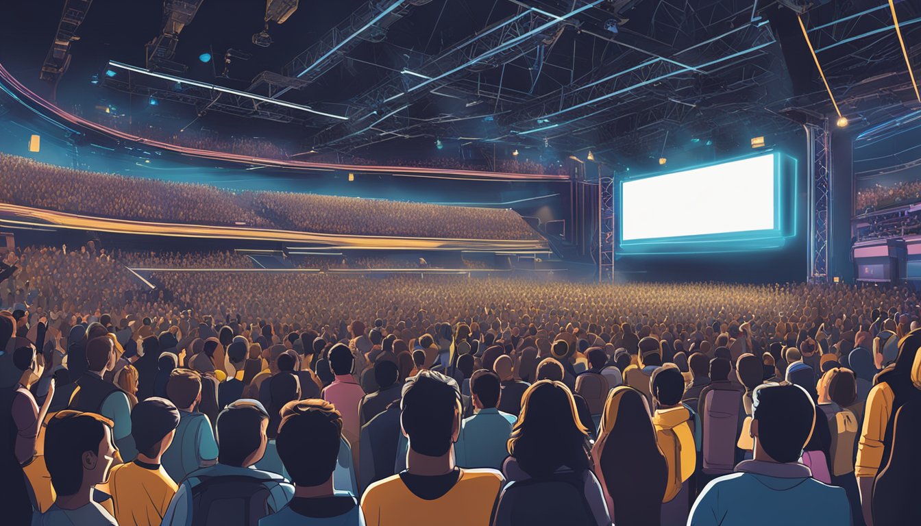 A crowded concert venue with a large stage, bright lights, and a massive digital screen displaying the ticket prices. Online sales are depicted with people on their phones and computers purchasing tickets