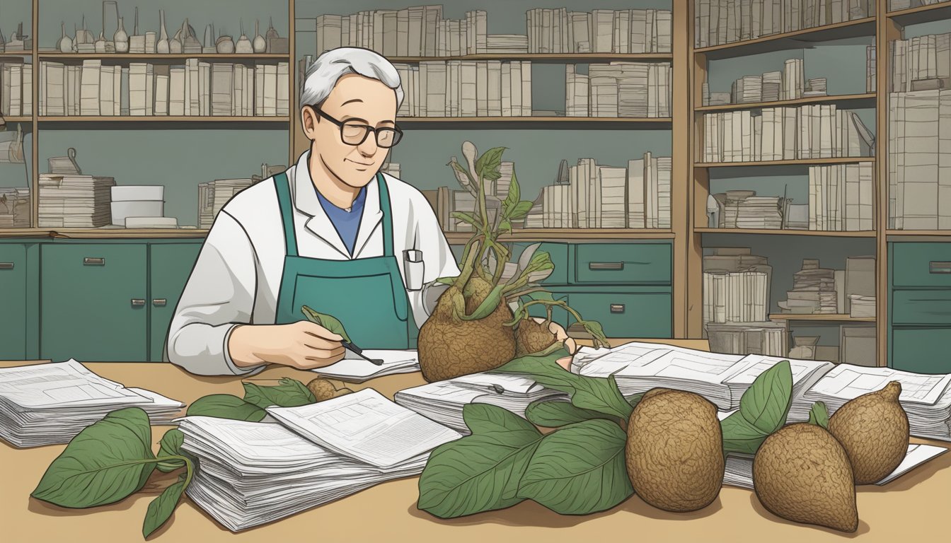 A person holding a yacon root and inspecting it, surrounded by research papers and scientific equipment