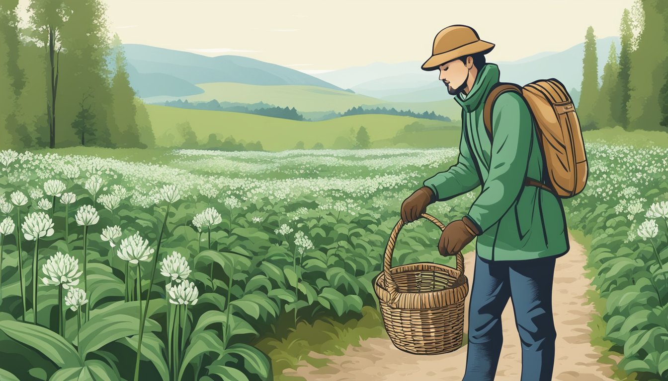 A person foraging wild garlic with a guidebook, wearing gloves and carrying a basket