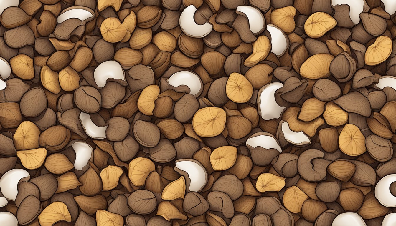 A pile of cracked walnut shells with a question mark above them