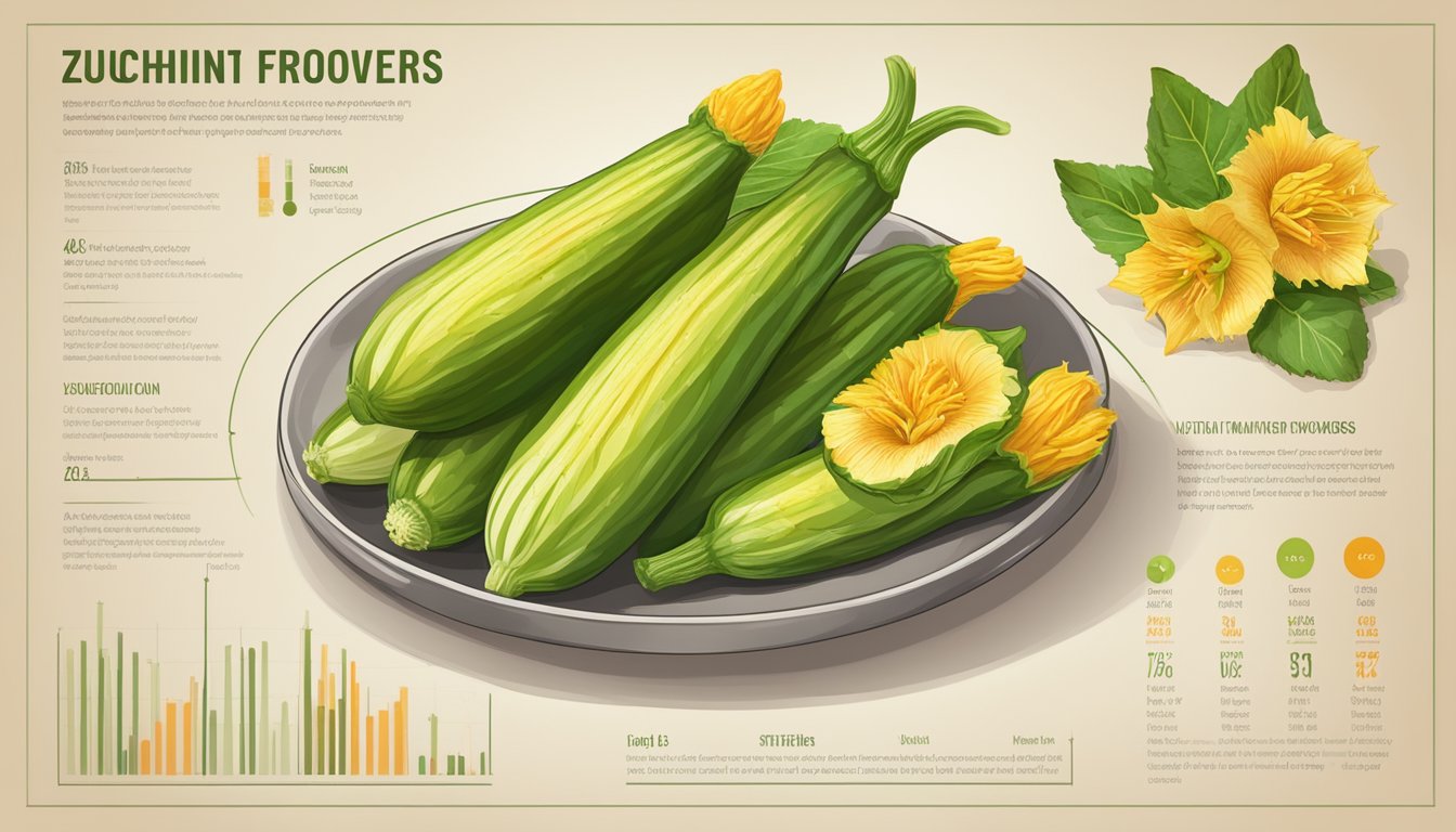 A plate of zucchini flowers with a nutritional profile chart next to it