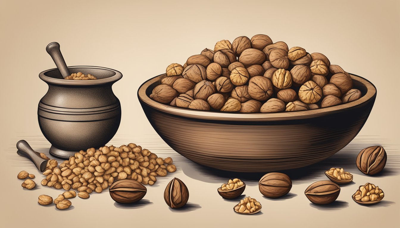 A pile of walnuts with cracked shells, a mortar and pestle, and a bowl of finely ground walnut shells