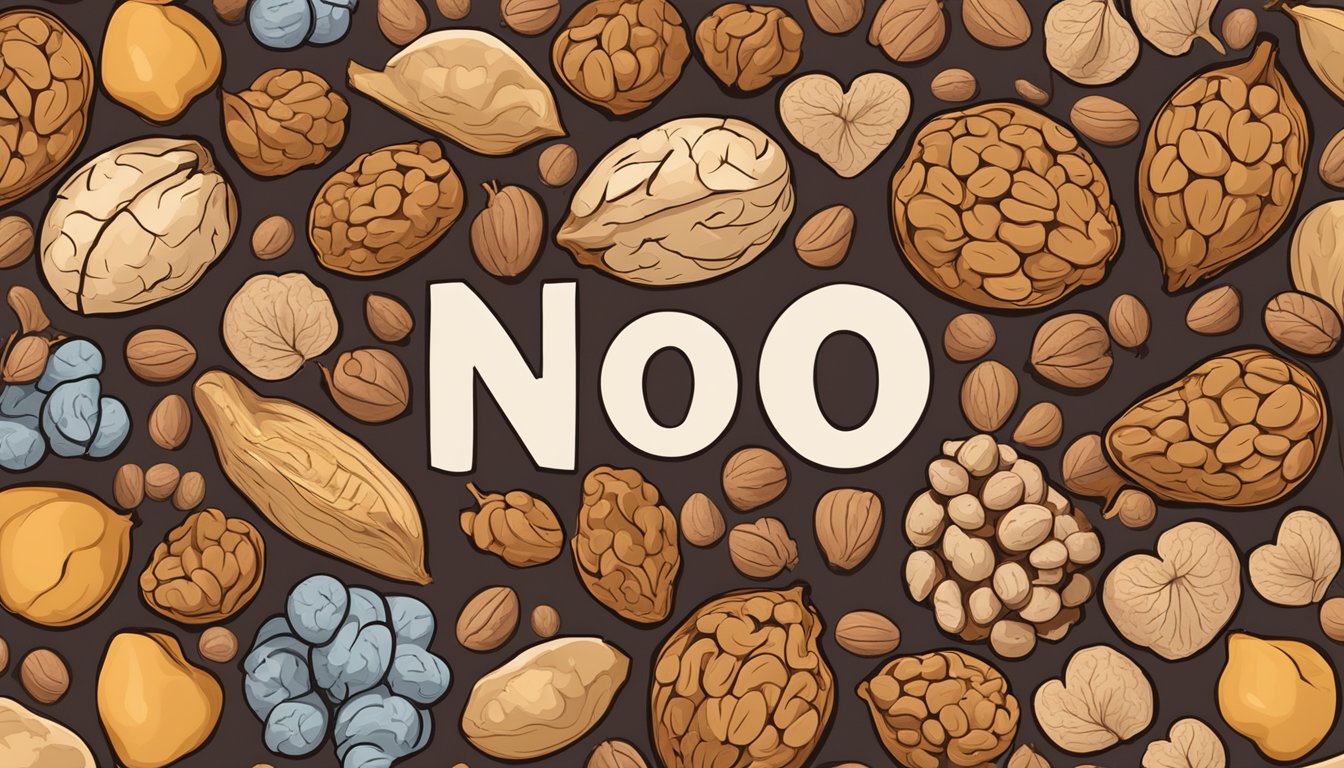 A pile of walnuts with cracked shells, surrounded by images of healthy heart and brain, and a "no" symbol over a pile of walnut shells