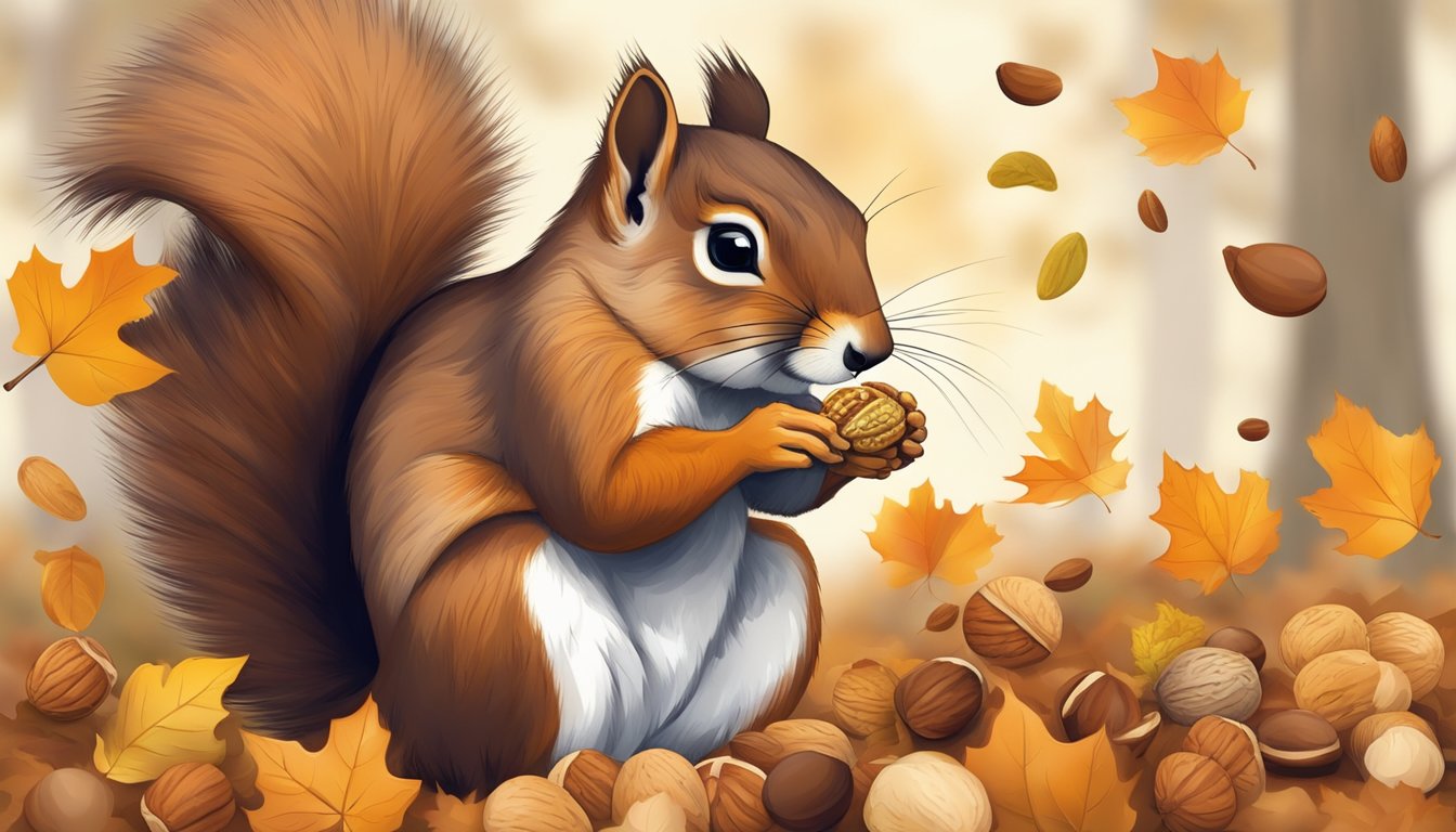 A squirrel nibbles on a walnut shell, surrounded by fallen leaves and scattered nut fragments