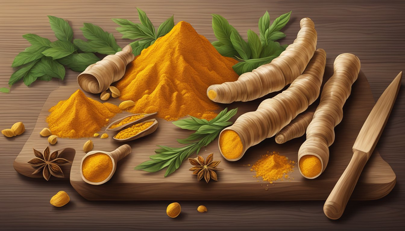 A vibrant turmeric root surrounded by scattered spices and herbs on a wooden cutting board