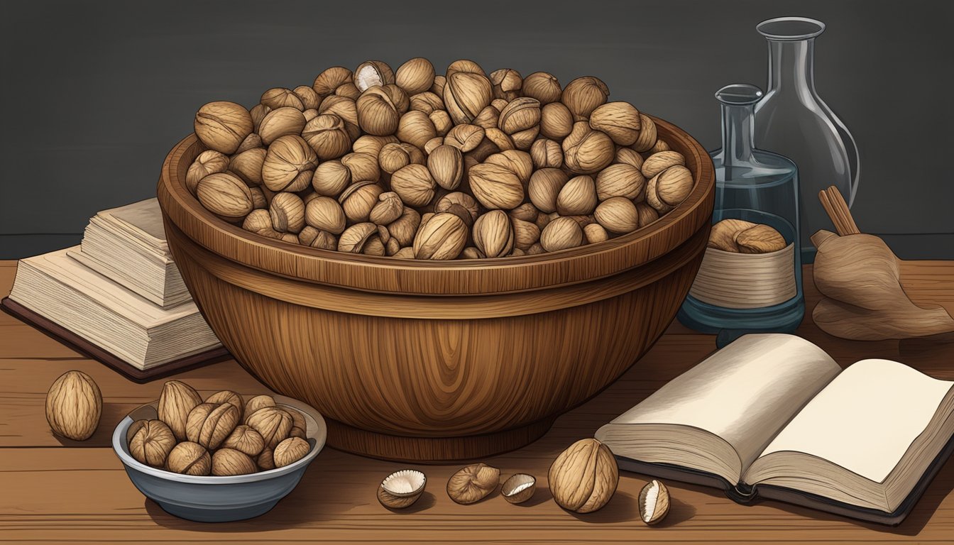 A wooden bowl filled with walnuts and shells, surrounded by old books and traditional tools