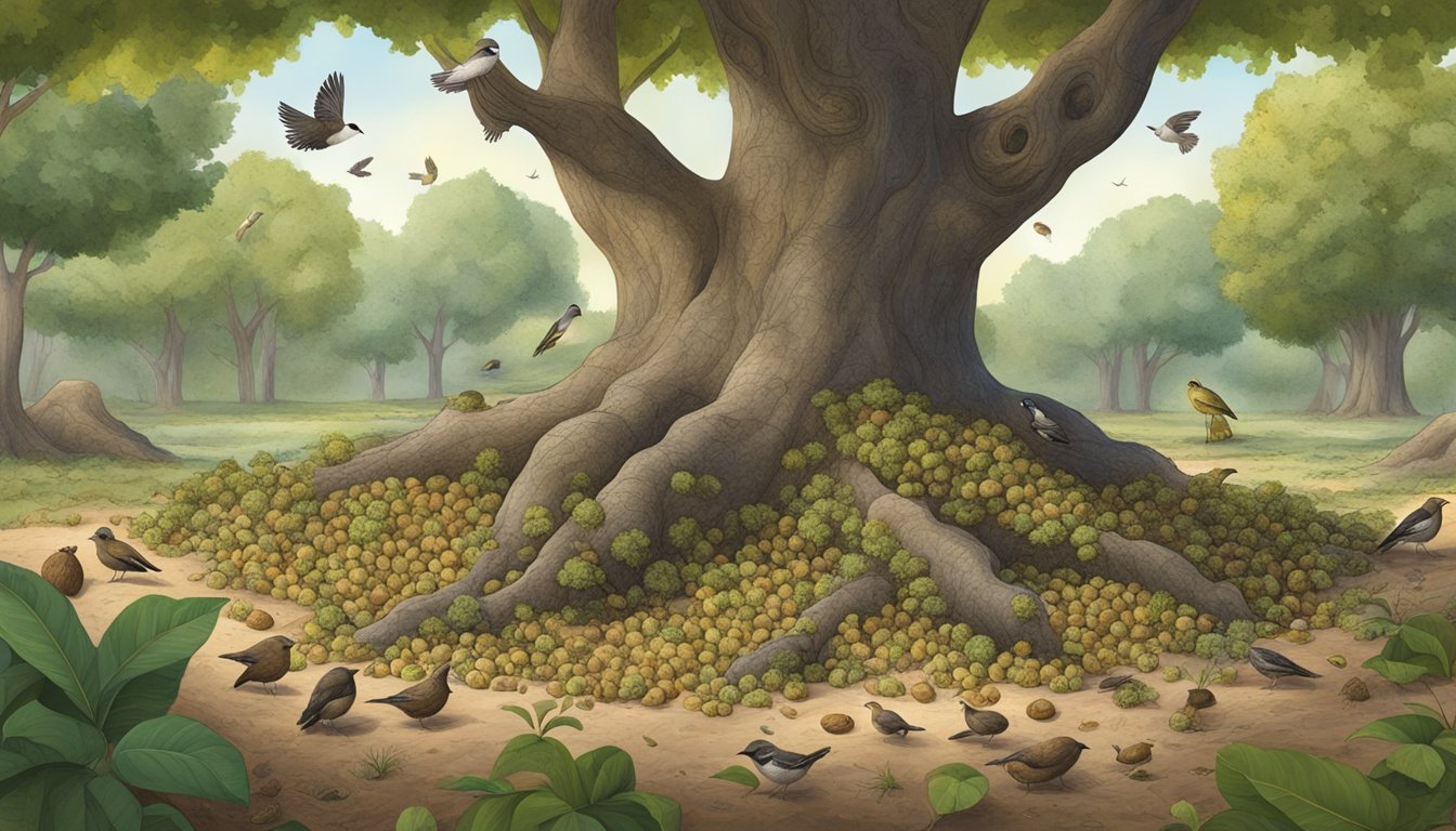 A walnut tree surrounded by a diverse ecosystem, with birds, insects, and small animals interacting with the fallen walnut shells on the ground