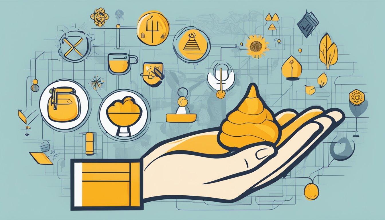 A hand holding a turmeric root, surrounded by various safety and risk factor symbols