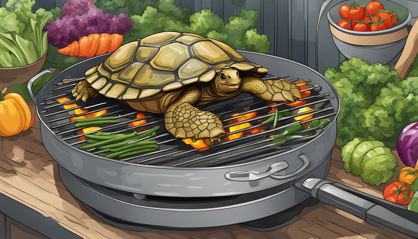 A turtle meat being cooked on a grill with vegetables and seasoning