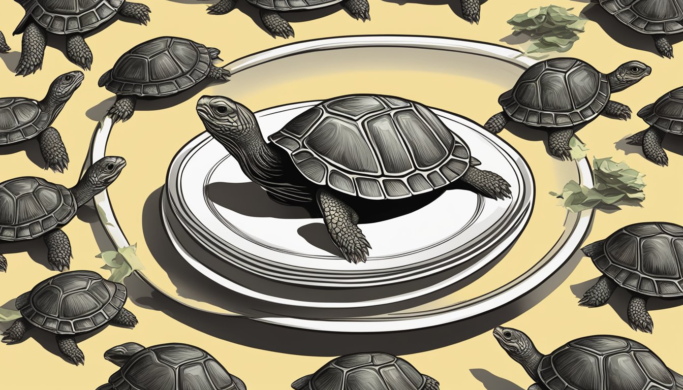 A turtle on a plate, surrounded by question marks and a caution sign