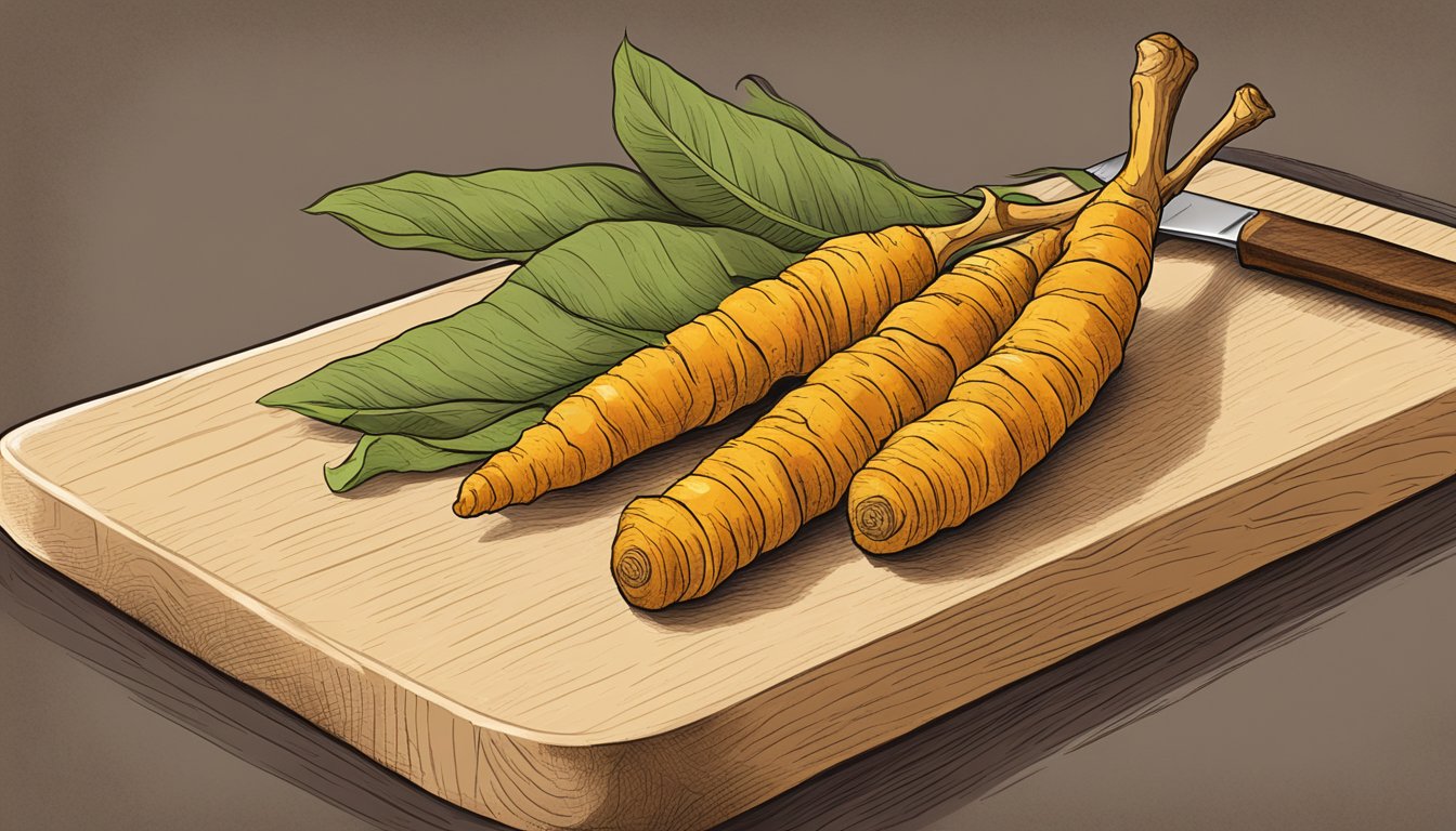 A turmeric root resting on a cutting board with a knife nearby