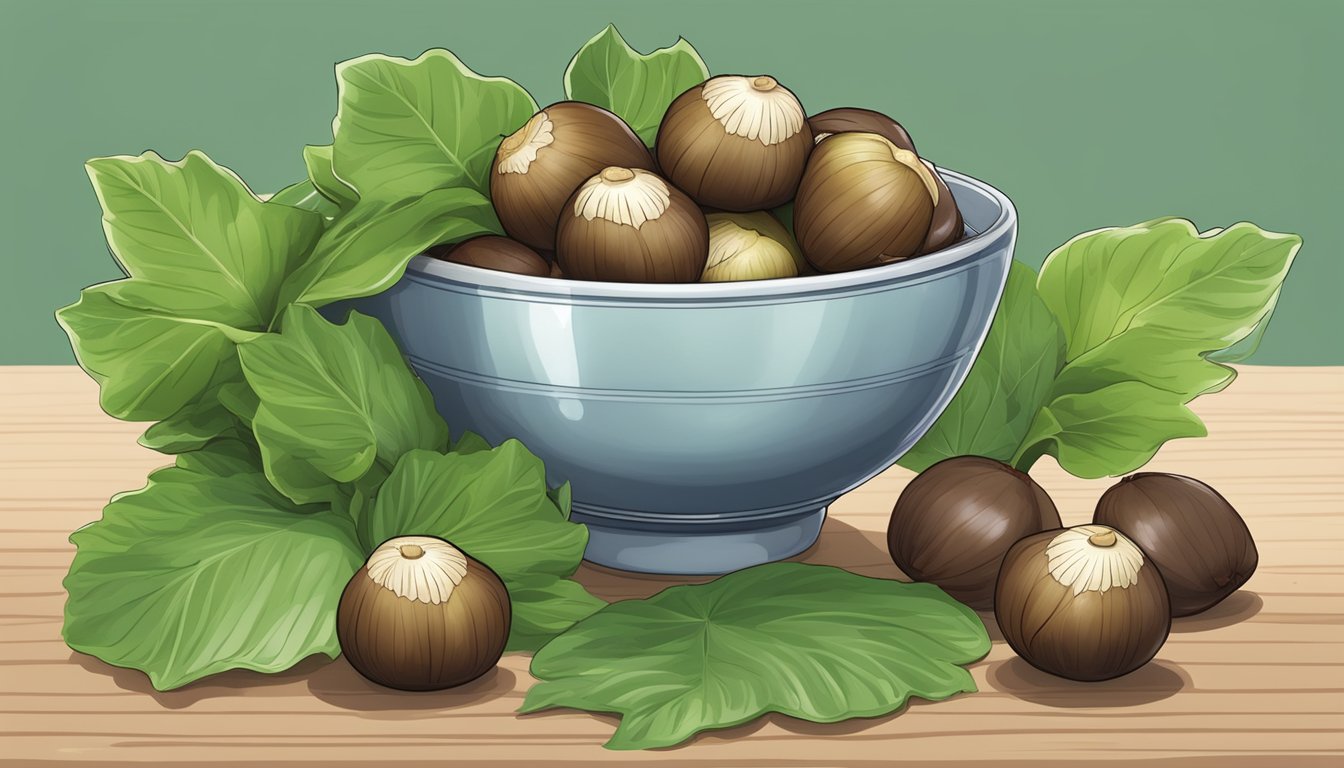 A bowl of water chestnuts surrounded by fresh green leaves and a measuring tape, indicating the nutritional profile and health benefits of the food