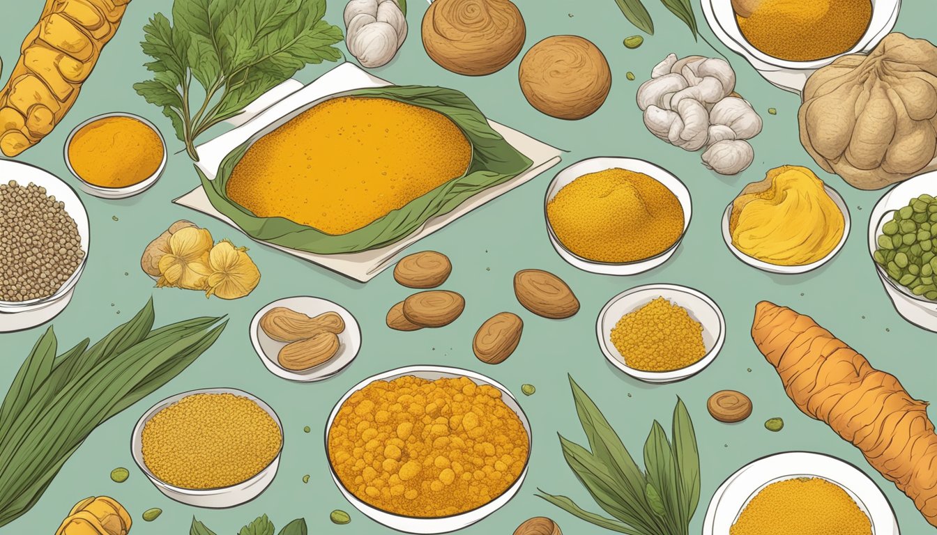 Turmeric root surrounded by various foods and a medical professional nodding in approval