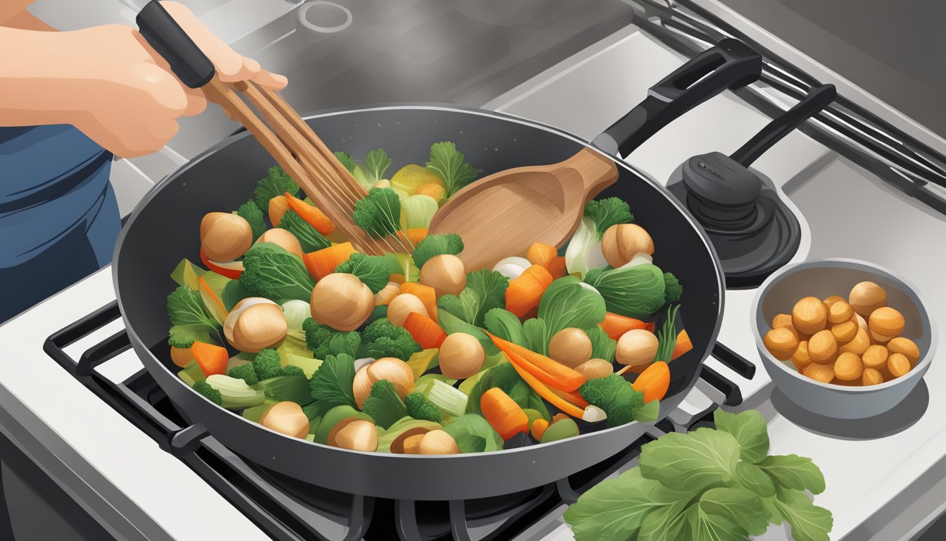 A person adding water chestnuts to a stir-fry, with various vegetables and a wok on a stovetop