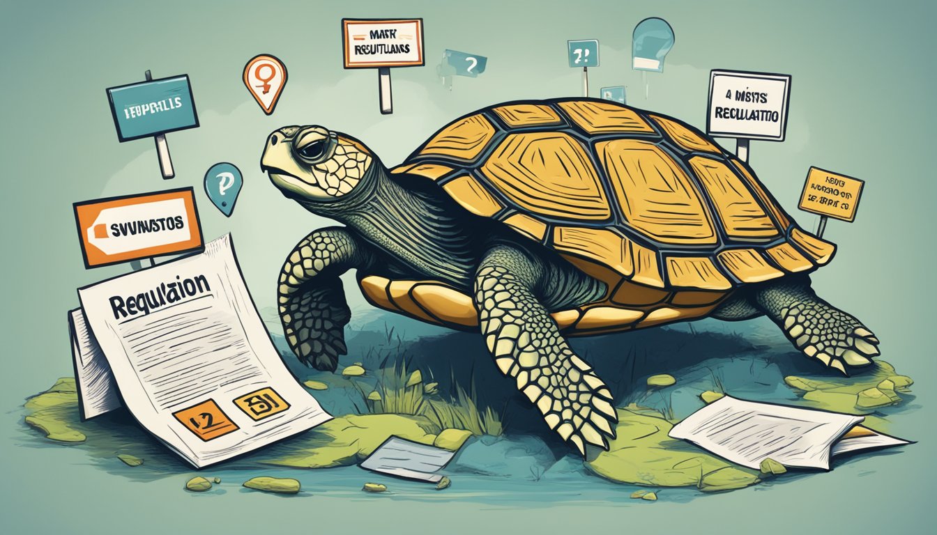 A turtle with a question mark above its head, surrounded by warning signs and symbols of regulations