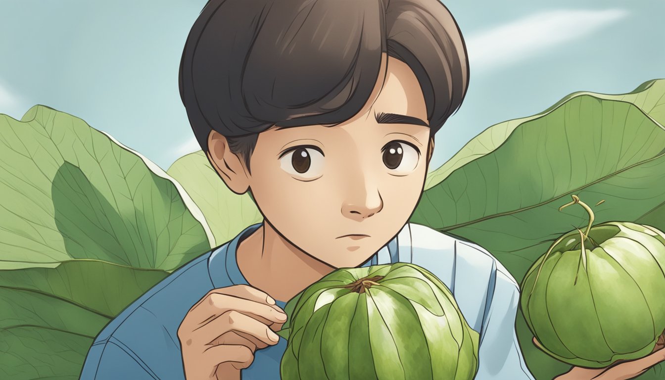 A person holding a water chestnut in one hand and examining it closely with a concerned expression on their face