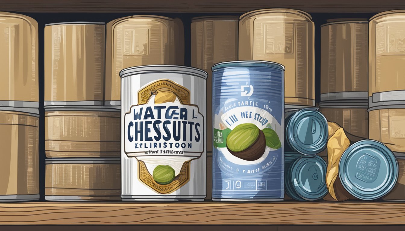 A can of water chestnuts sits on a shelf, surrounded by other canned goods. The expiration date is clearly marked, and the can appears undamaged