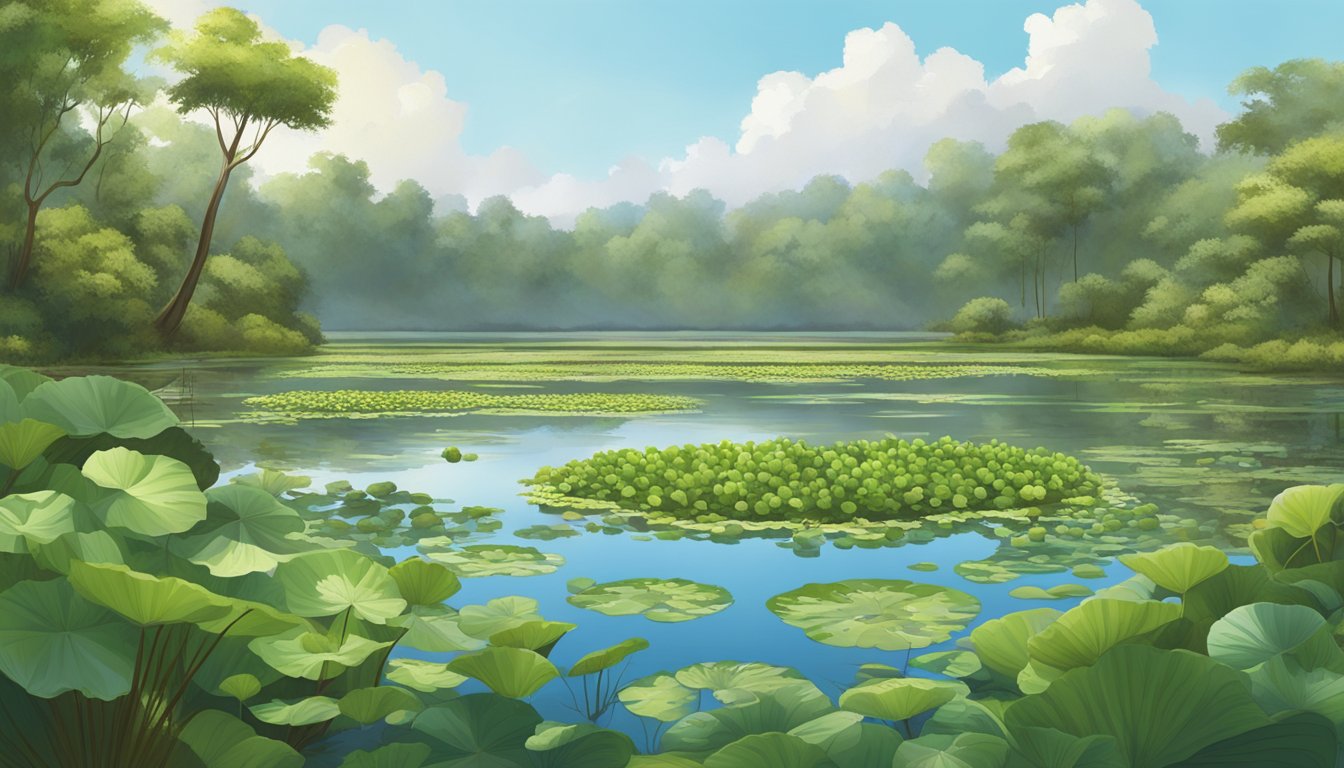 A lush wetland with water chestnut plants growing in shallow water, surrounded by diverse vegetation and wildlife