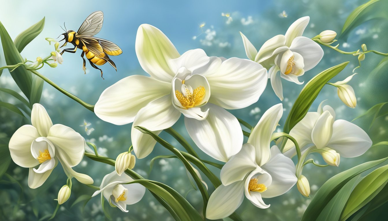 A lush vanilla orchid with long green vines and delicate white flowers, surrounded by buzzing pollinators