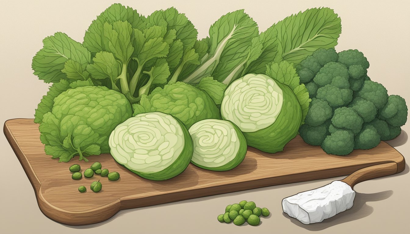 A wasabi root sits on a cutting board, surrounded by various fruits and vegetables. A nutrition label is visible next to it