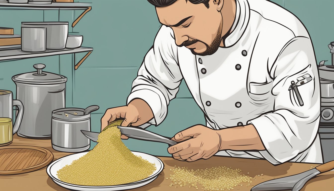 A chef splitting a vanilla pod and scraping out the seeds for use in a recipe