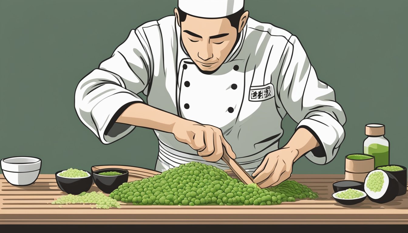 A chef grating fresh wasabi root onto a plate of sushi