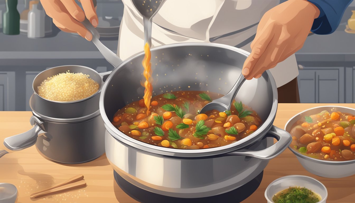 A chef sprinkles mace into a bubbling pot of stew, adding a warm and aromatic flavor to the dish