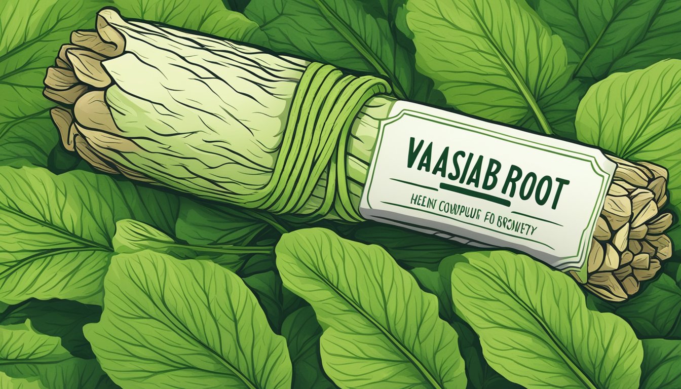 A wasabi root surrounded by green leaves, with a label indicating its health benefits and safety for consumption