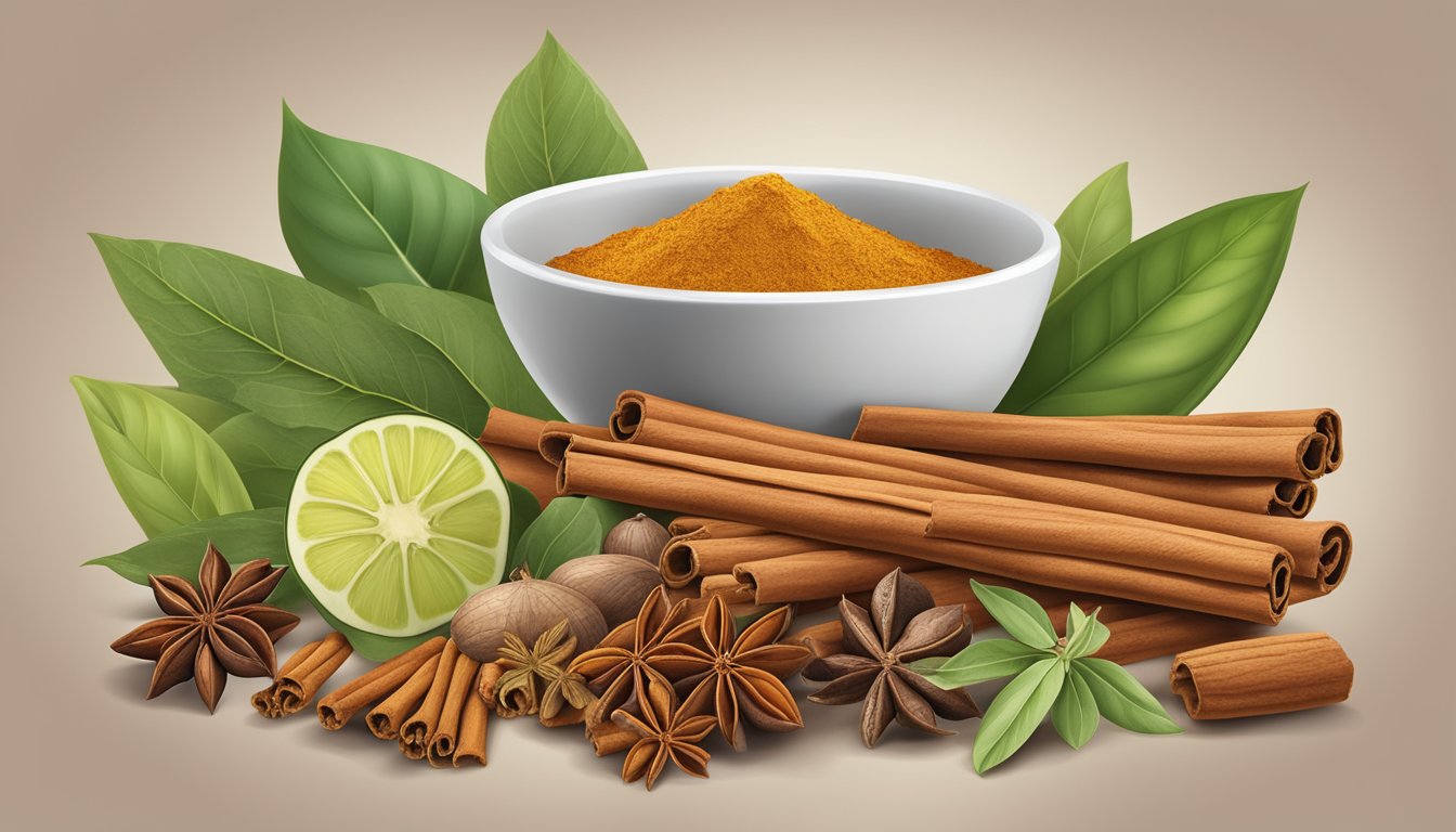 A colorful array of mace spice pods surrounded by vibrant, fresh ingredients like cinnamon sticks, nutmeg, and cloves, with a prominent label displaying the health benefits and nutritional profile