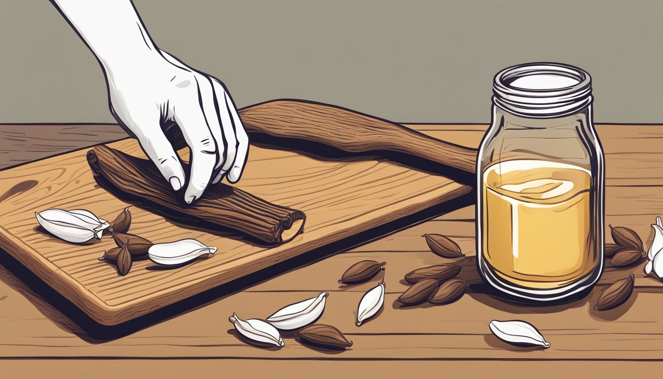 A hand reaching for a vanilla pod on a wooden cutting board, surrounded by scattered pods and a jar of vanilla extract