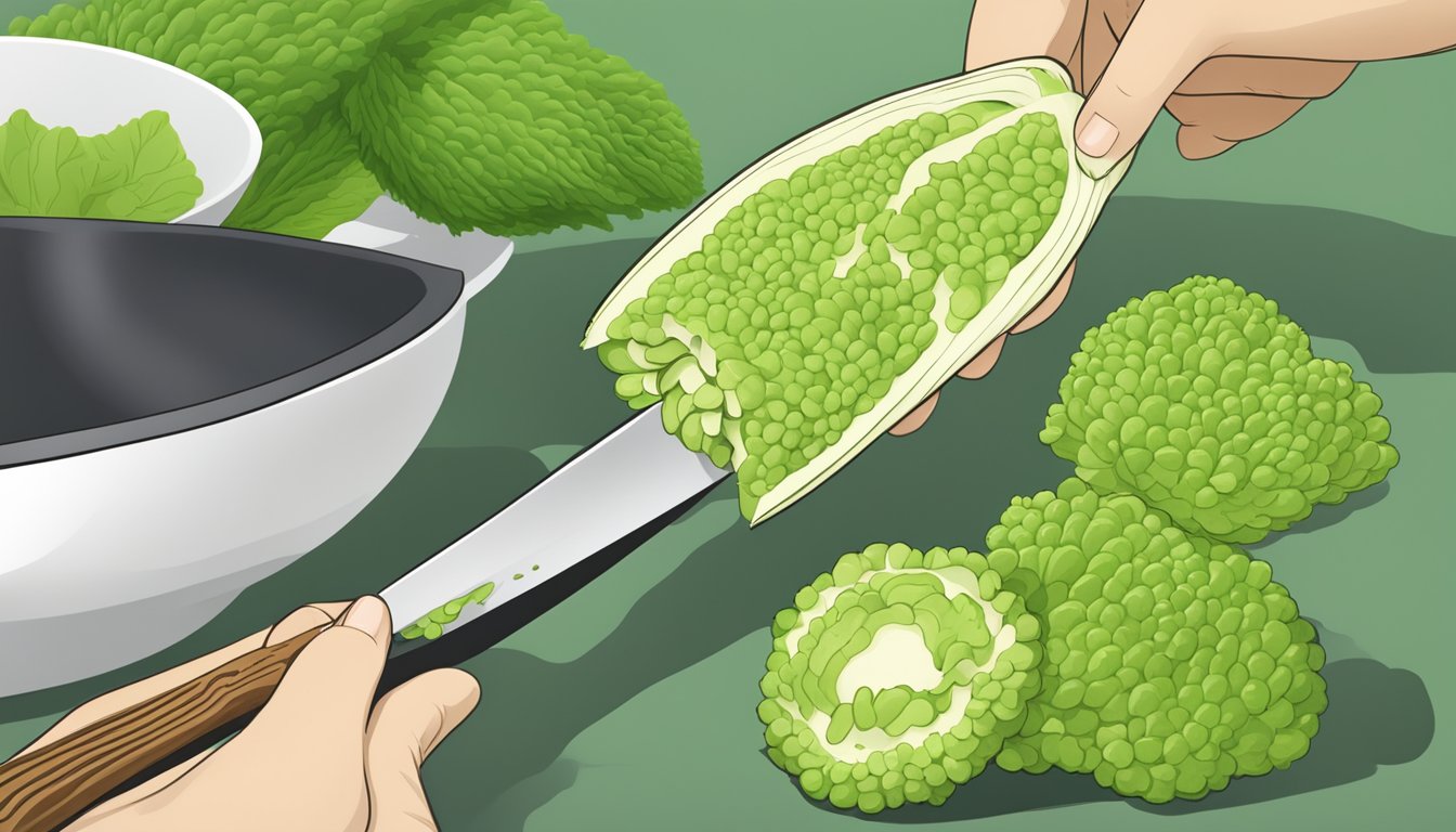 A wasabi root being sliced open, revealing its vibrant green interior and pungent aroma