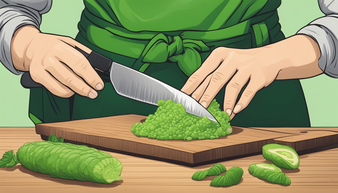 A person slicing open a wasabi root with a knife, revealing its vibrant green interior