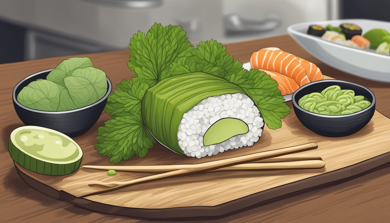 A wasabi root on a cutting board, surrounded by kitchen utensils and a plate of sushi