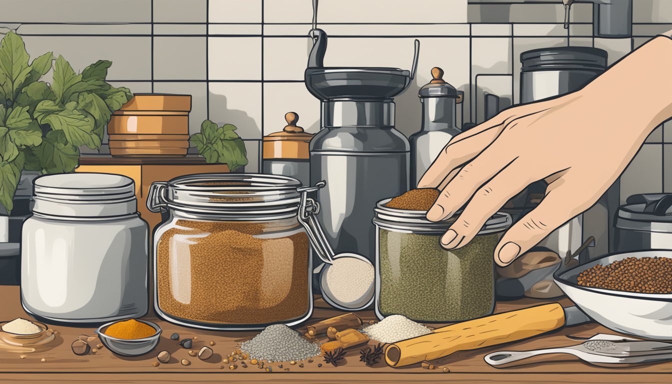 A hand reaching for a jar of mace spice on a cluttered kitchen counter, surrounded by various cooking utensils and ingredients