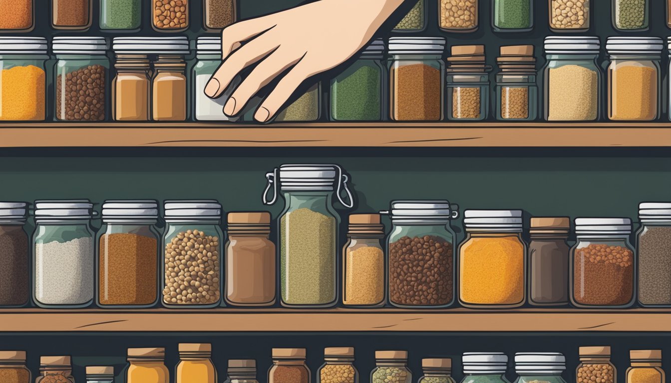 A hand reaching for a jar of mace spice on a shelf, surrounded by various other spice jars