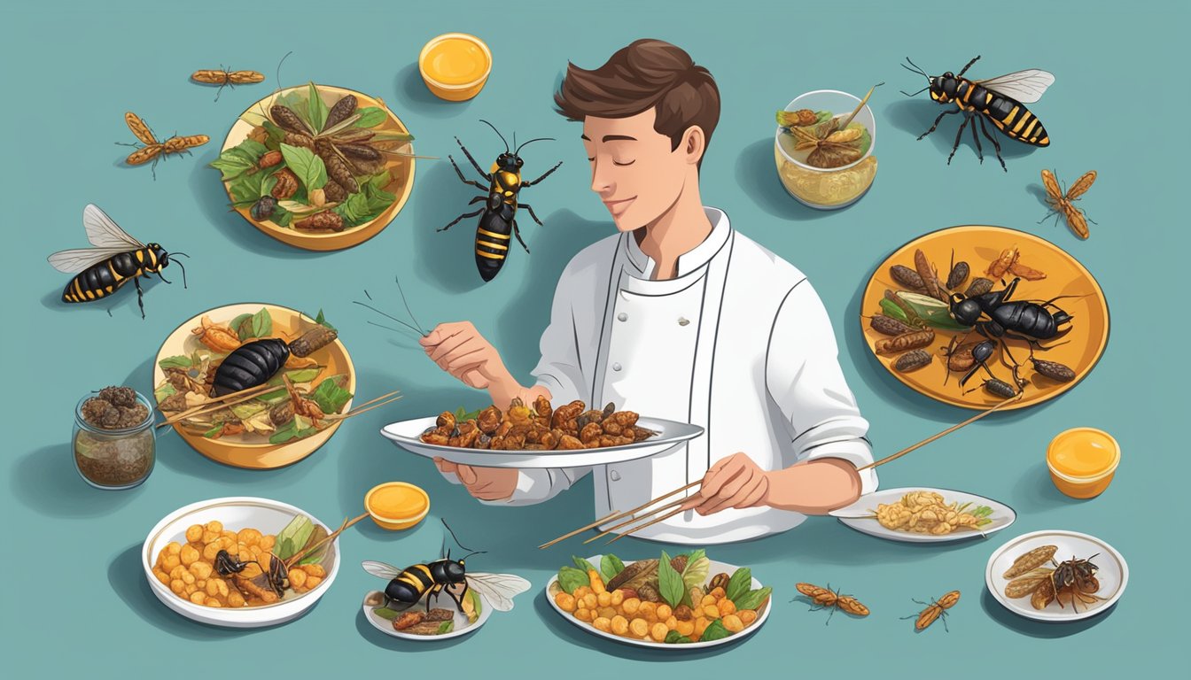 A person holding a cooked wasp on a skewer, surrounded by various edible insects and a plate of insect-based dishes