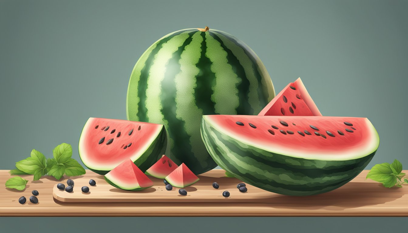 A ripe watermelon with seeds scattered on a cutting board