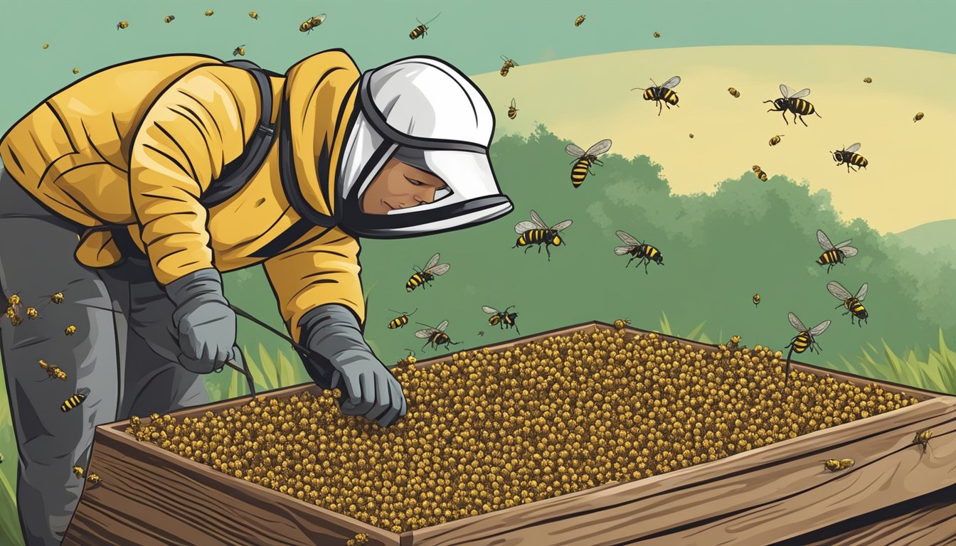 A person carefully collecting wasps from a hive and preparing them for consumption