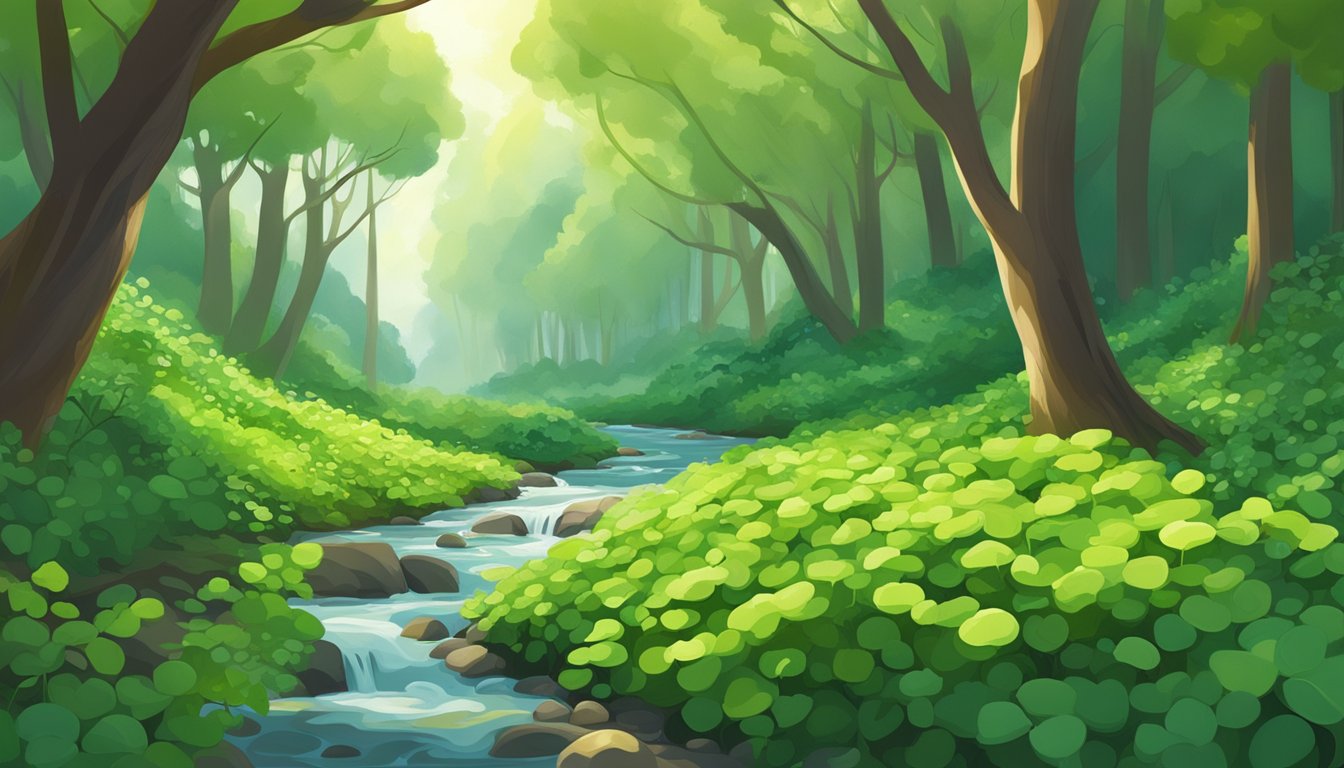 A clear stream flows through a lush, sun-dappled forest, where vibrant green watercress grows along the banks