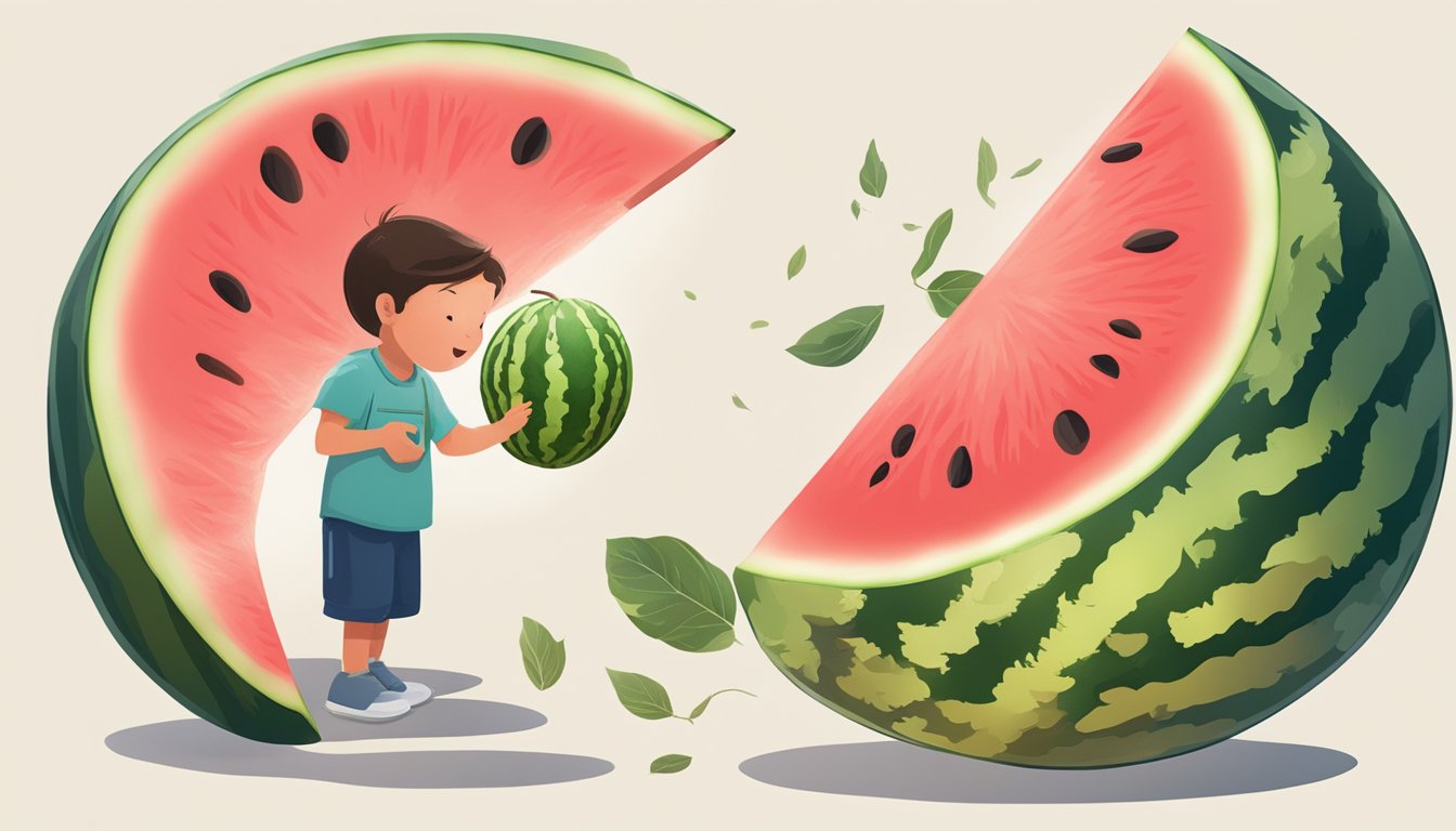 A watermelon seed being cracked open by a small animal, revealing the edible seed inside