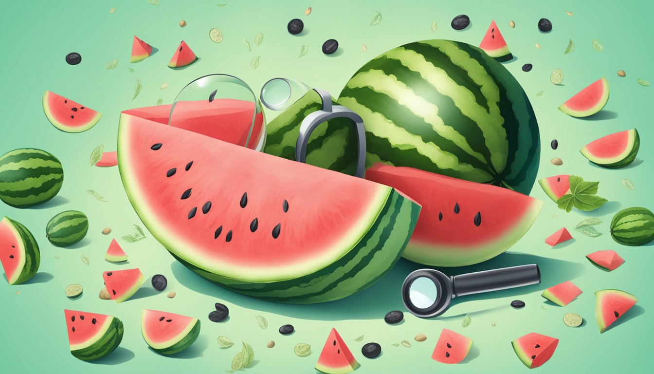 A watermelon with seeds spilling out, surrounded by question marks and a magnifying glass