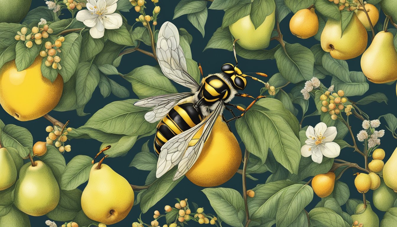 A wasp resting on a ripe pear, surrounded by other fruits and flowers in a garden setting