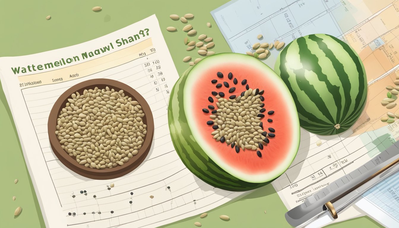 A pile of watermelon seeds arranged next to a nutritional analysis chart, with a question mark hovering above them