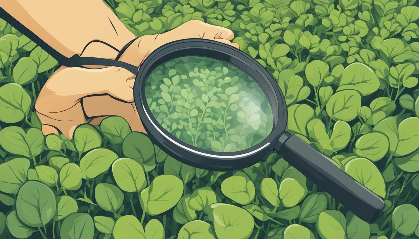 A person holding a bunch of watercress, with a magnifying glass inspecting it for any potential risks, while a safety symbol is displayed in the background